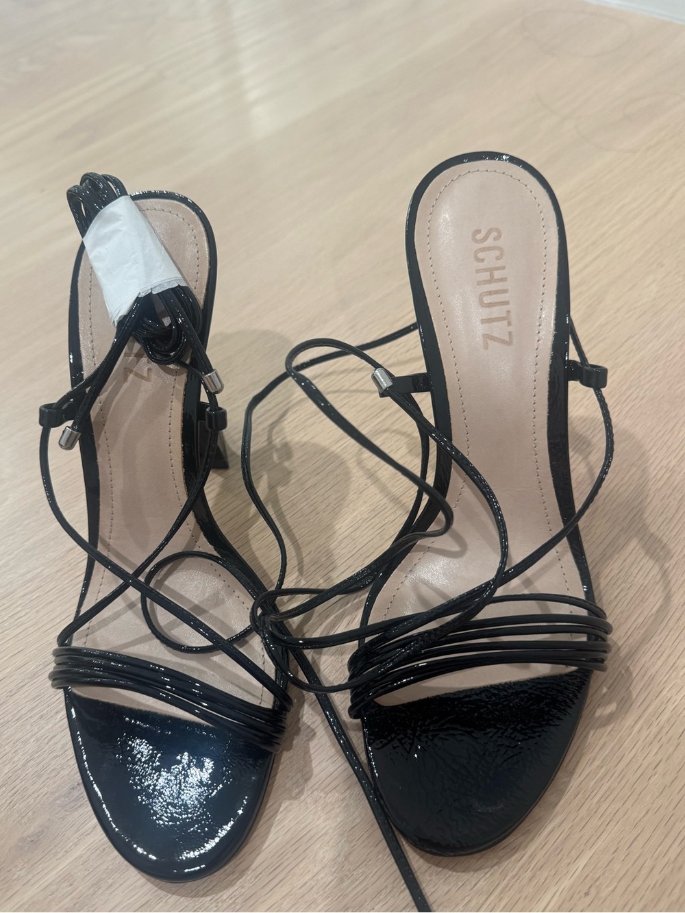 SCHUTZ Black Patent Lace-Up Heeled Sandal
